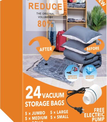 GONGSHI Vacuum Seal Bags for Clothing Travel & Home Storage, Travel Vacuum Bags with Pump,Space Saver for Blankets, Comforters, Pillows, Clothes,24 Combo with Electric Pump