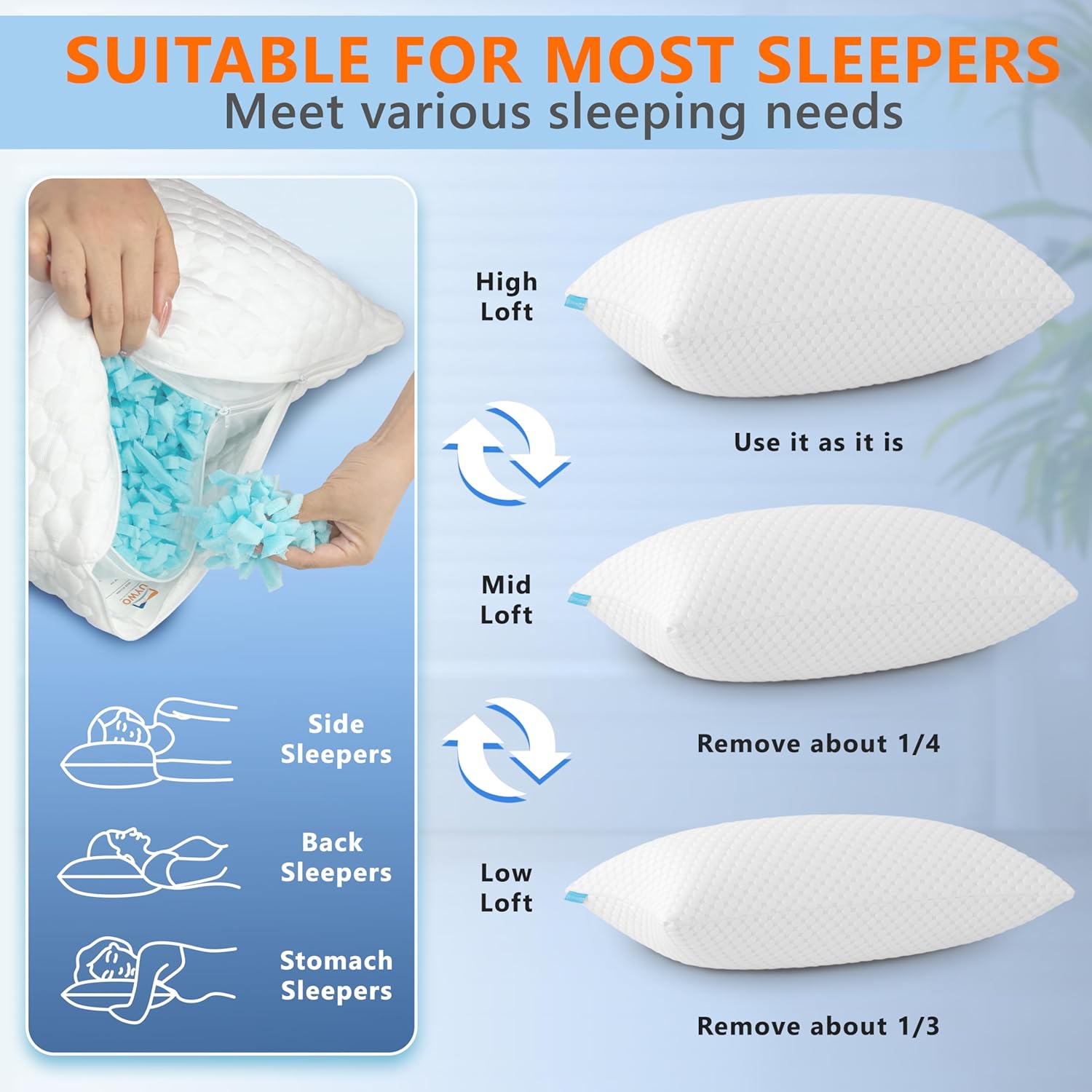 UYWO Cooling Pillows Queen Size Set of 2, Memory Foam Pillows with Zipper, Firm Bed Pillows Adjustable for Hot Side Back Stomach Sleepers - Image 6